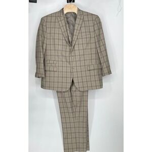 Alain Dupetit Mens 3 Piece Suit 54R 48W Plaid Tan Brown Check Vest Blazer Pants